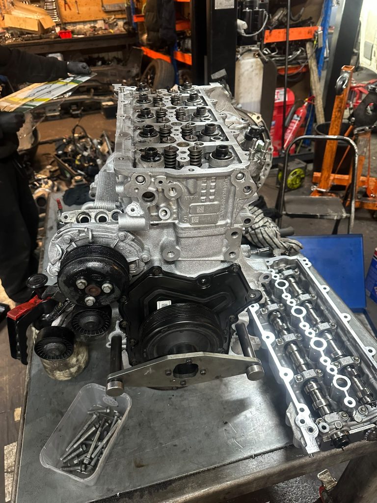 Engine and ancillary components on the workbench