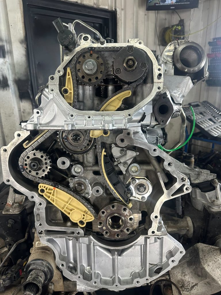 Timing chain assembly with the cover removed